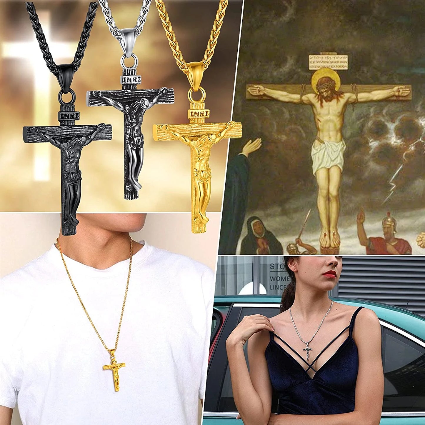 Men Gold Chain Crucifix Jesus Necklace Males Jewelry Gold Cross Pendant with 22Inch,Thanksgiving Day Gift Chain