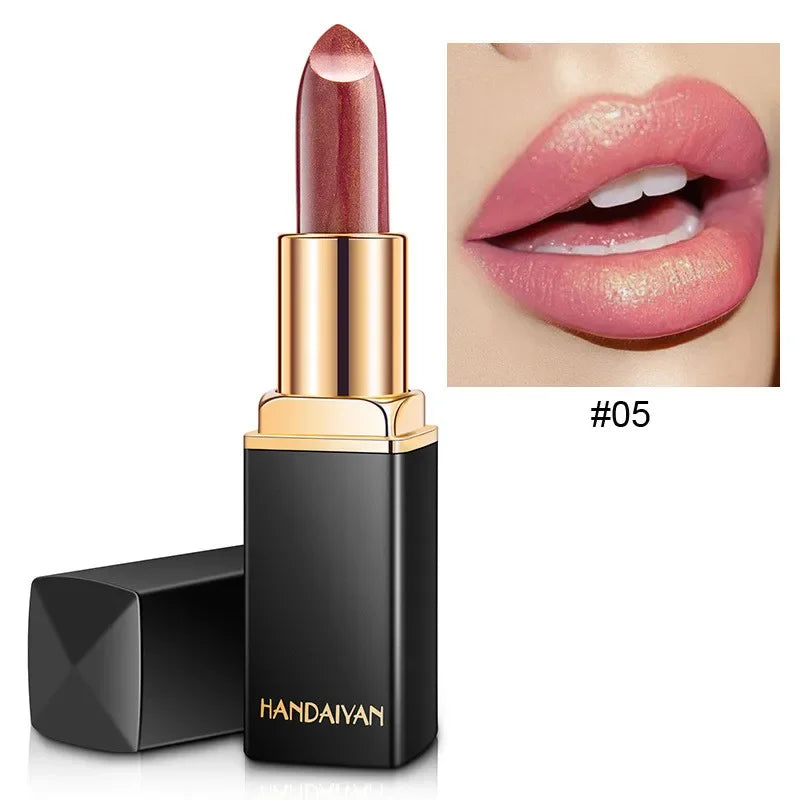 Handaiyan Waterproof Nude Glitter Lipstick Makeup Long Lasting Velve Red Sexy Shimmer Lip Stick Shiny Lipstick Makeup Cosmetics