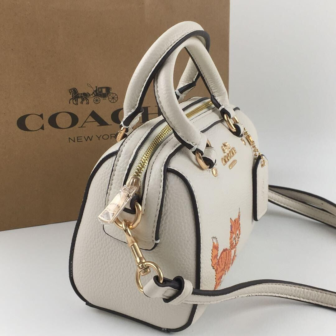 COACH Rowan MINI XS Dancing Kitten Cat Crossbody Bag Chalk Gold CD445 Outlet New