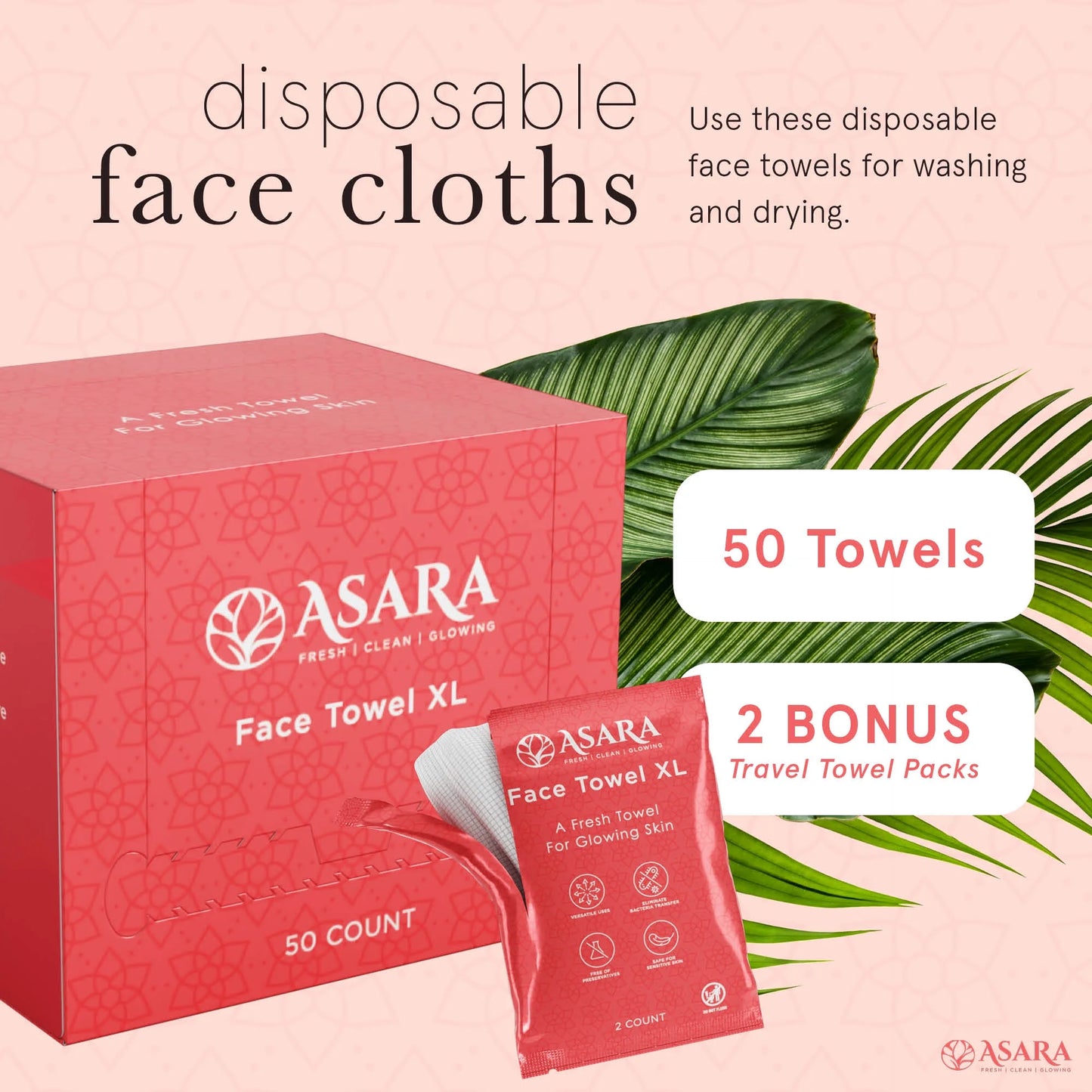 Asara Disposable Face Towel XL Facial Wipes - Organic Vegan Biodegradable Face Towels - Just Add Water for Makeup Remover Wipes - Sensitive Skin Face Wipes - Clean Daily Facial Towelettes (50 Count)