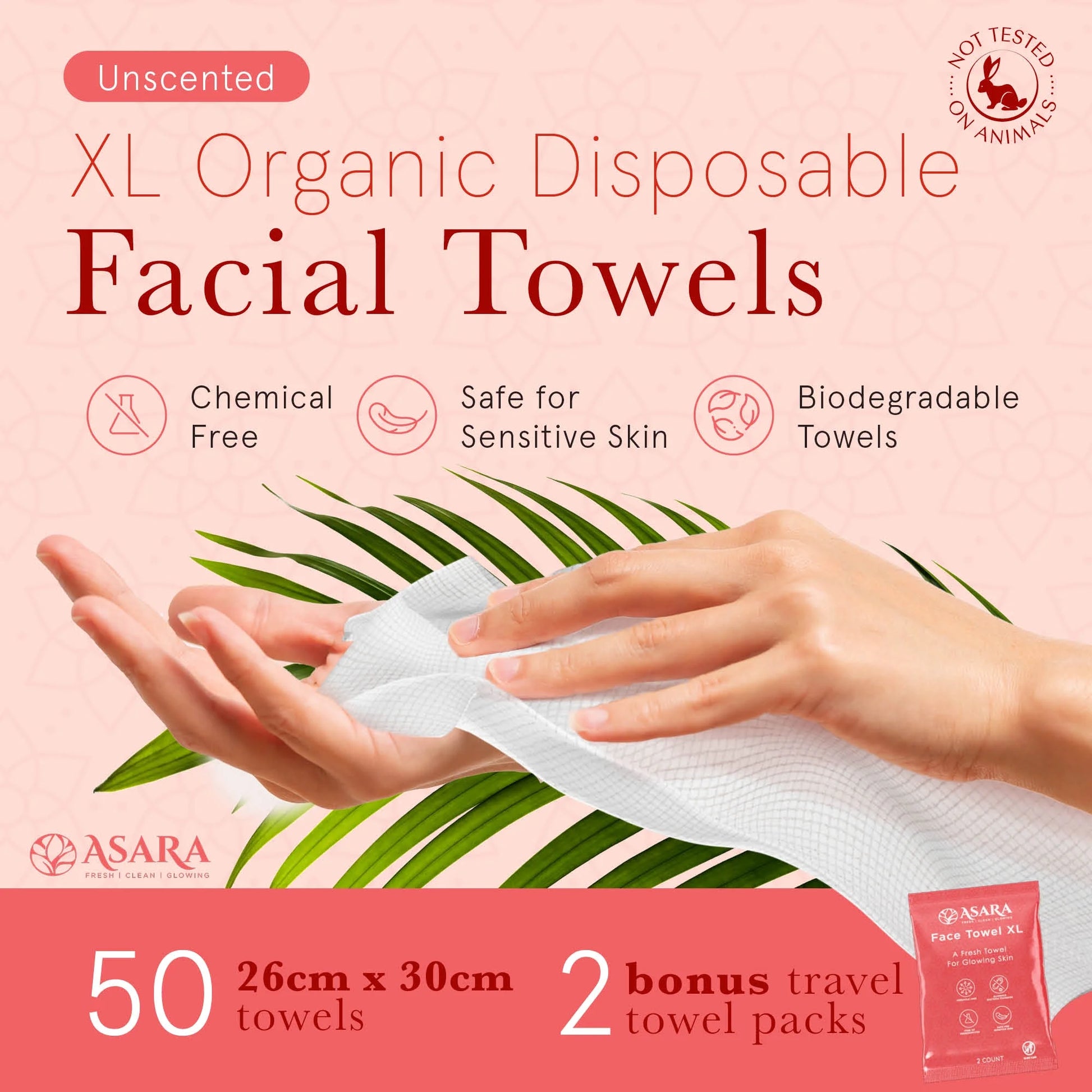 Asara Disposable Face Towel XL Facial Wipes - Organic Vegan Biodegradable Face Towels - Just Add Water for Makeup Remover Wipes - Sensitive Skin Face Wipes - Clean Daily Facial Towelettes (50 Count)