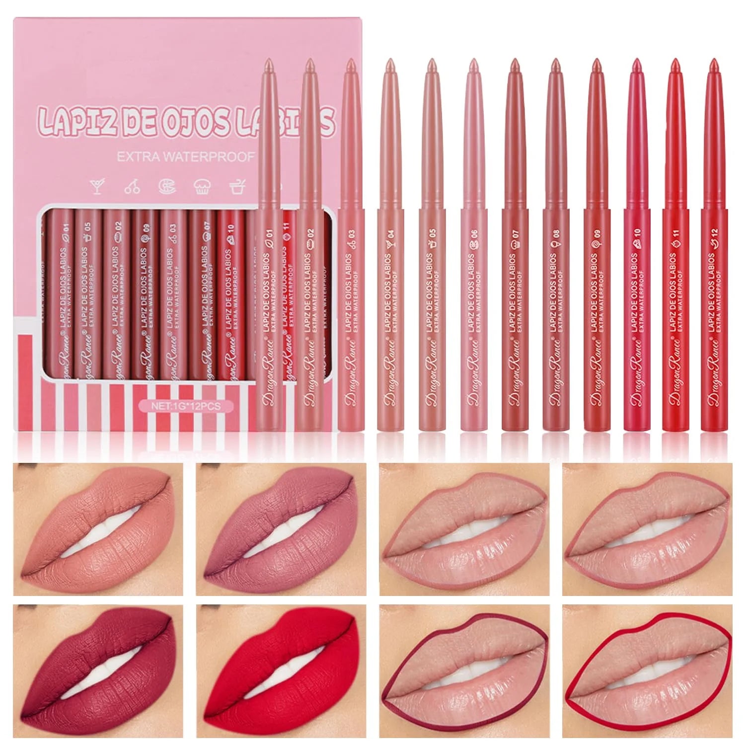 12 Colors Matte Retractable Lip Liner Pencil Set,High Pigment Velvet Nude Collection Makeup Waterproof Long Wear Lip Gloss,Slim Smooth Long Lasting Lip Liner for Women Beauty Makeup