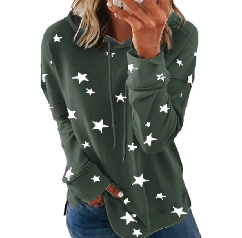 Ladies Star printed large size loose hoodie ladies fall winter