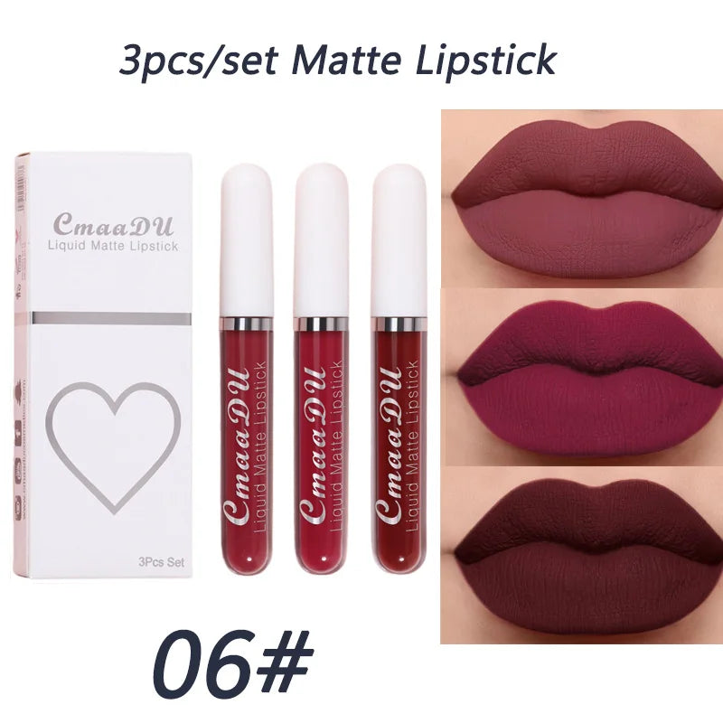 3-piece Liquid Matte Lipstick Set Sexy and Silky Red Lip Gloss Kit Waterproof and Non Stick Cup Lip Cosmetics Korean Make Up