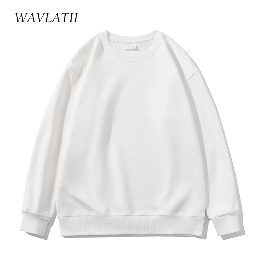 WAVLATII 2023 New Women Simple Style Khaki Sweatshirt Female Fashion Streetwear Soild O-neck Hoodie Casual White Tops for Autumn