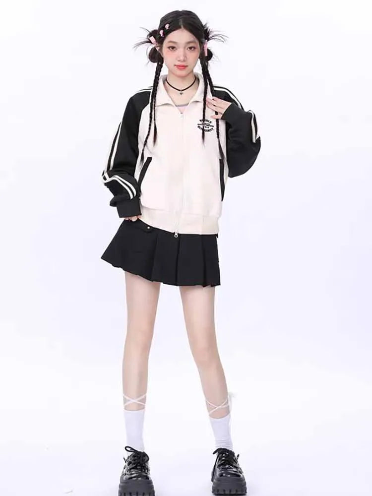 Double Zipper Cropped Jacket Women Y2k Harajuku Stripe Patchwork Sweatshirts Spring Retro Stand Collar Zipper College Coats New