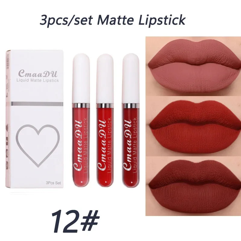 3-piece Liquid Matte Lipstick Set Sexy and Silky Red Lip Gloss Kit Waterproof and Non Stick Cup Lip Cosmetics Korean Make Up