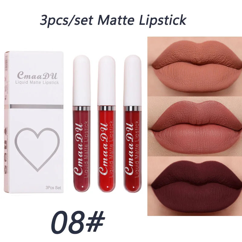 3-piece Liquid Matte Lipstick Set Sexy and Silky Red Lip Gloss Kit Waterproof and Non Stick Cup Lip Cosmetics Korean Make Up