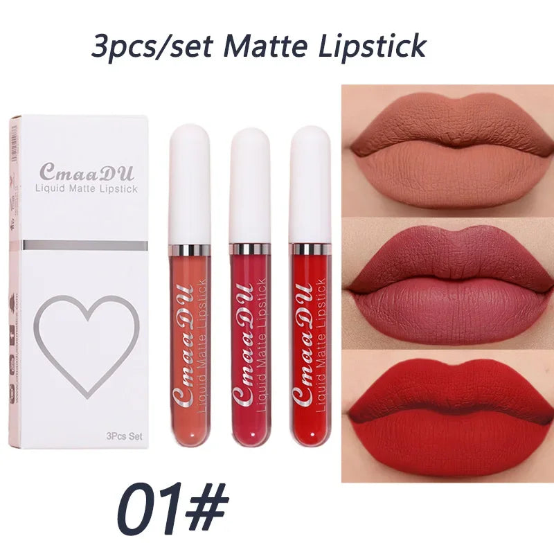 3-piece Liquid Matte Lipstick Set Sexy and Silky Red Lip Gloss Kit Waterproof and Non Stick Cup Lip Cosmetics Korean Make Up