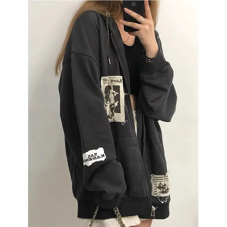 Zip Up Hoodie Grunge Aesthetic Clothes Oversized Sweatshirt with Zipper Vintage Y2k Tops Kawaii Coat Spring Autumn Streetwear