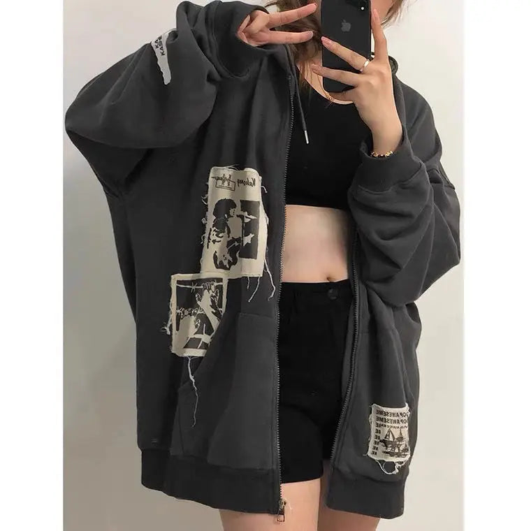 Zip Up Hoodie Grunge Aesthetic Clothes Oversized Sweatshirt with Zipper Vintage Y2k Tops Kawaii Coat Spring Autumn Streetwear