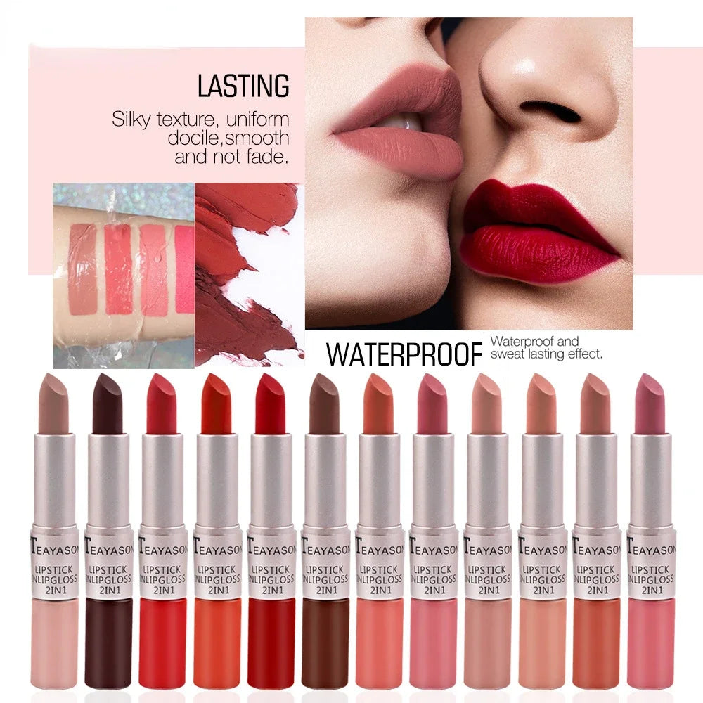 1PC Punk Lipstick Sexy Lip Gloss 2 In 1 Lip Tint Waterproof Long -Lasting Moisture Red Lip Matte Lipstick Make-Up For Women