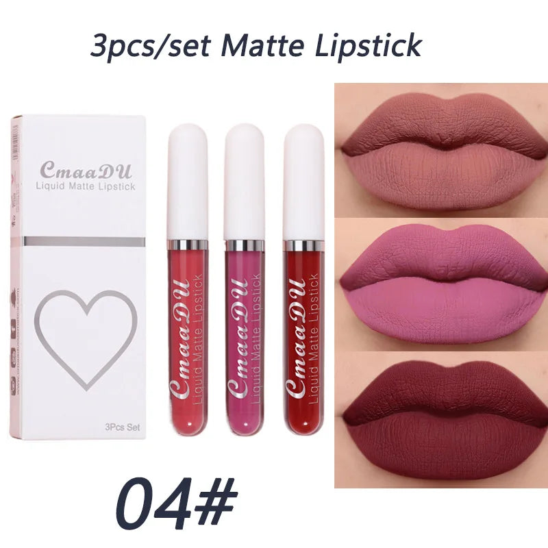 3-piece Liquid Matte Lipstick Set Sexy and Silky Red Lip Gloss Kit Waterproof and Non Stick Cup Lip Cosmetics Korean Make Up