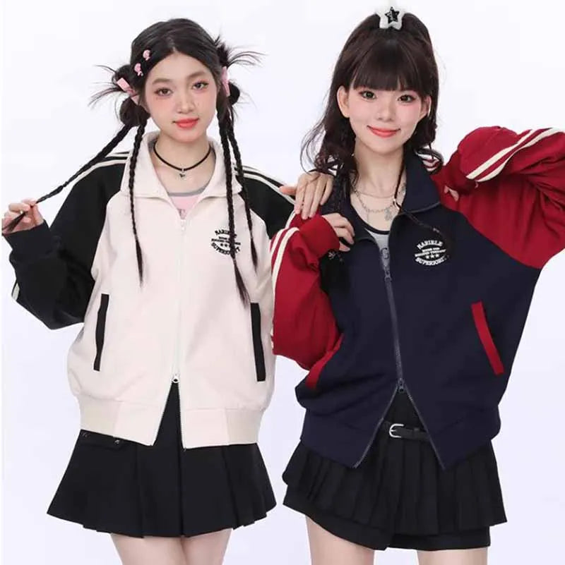 Double Zipper Cropped Jacket Women Y2k Harajuku Stripe Patchwork Sweatshirts Spring Retro Stand Collar Zipper College Coats New