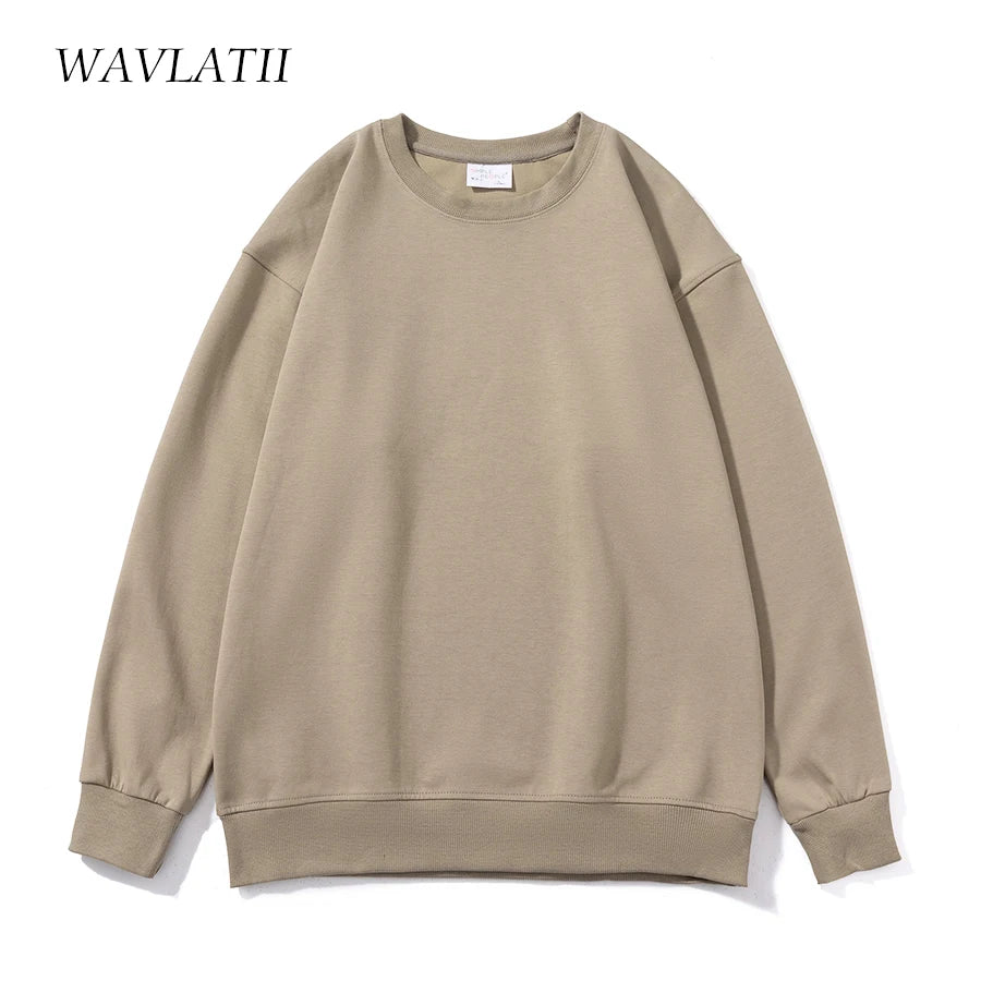 WAVLATII 2023 New Women Simple Style Khaki Sweatshirt Female Fashion Streetwear Soild O-neck Hoodie Casual White Tops for Autumn