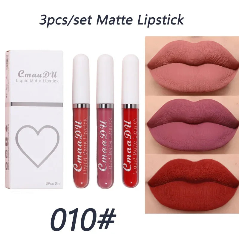 3-piece Liquid Matte Lipstick Set Sexy and Silky Red Lip Gloss Kit Waterproof and Non Stick Cup Lip Cosmetics Korean Make Up