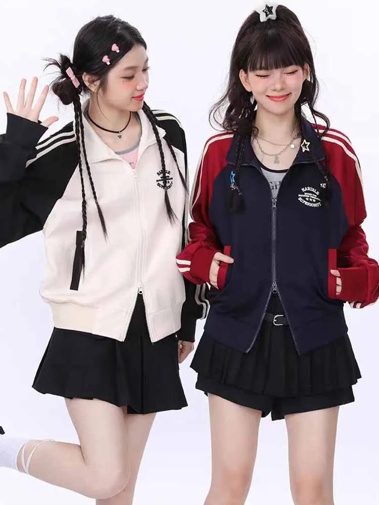 Double Zipper Cropped Jacket Women Y2k Harajuku Stripe Patchwork Sweatshirts Spring Retro Stand Collar Zipper College Coats New