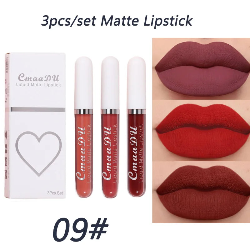 3-piece Liquid Matte Lipstick Set Sexy and Silky Red Lip Gloss Kit Waterproof and Non Stick Cup Lip Cosmetics Korean Make Up