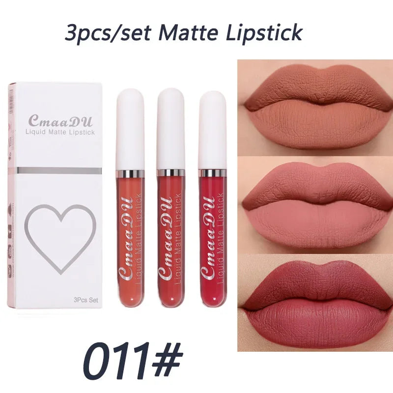 3-piece Liquid Matte Lipstick Set Sexy and Silky Red Lip Gloss Kit Waterproof and Non Stick Cup Lip Cosmetics Korean Make Up