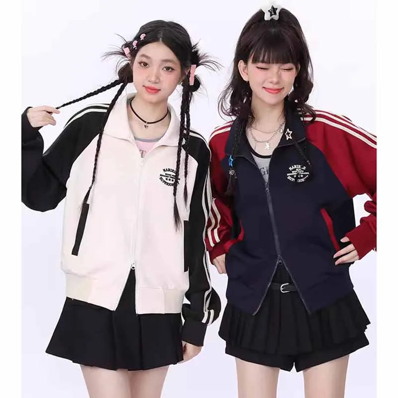 Double Zipper Cropped Jacket Women Y2k Harajuku Stripe Patchwork Sweatshirts Spring Retro Stand Collar Zipper College Coats New