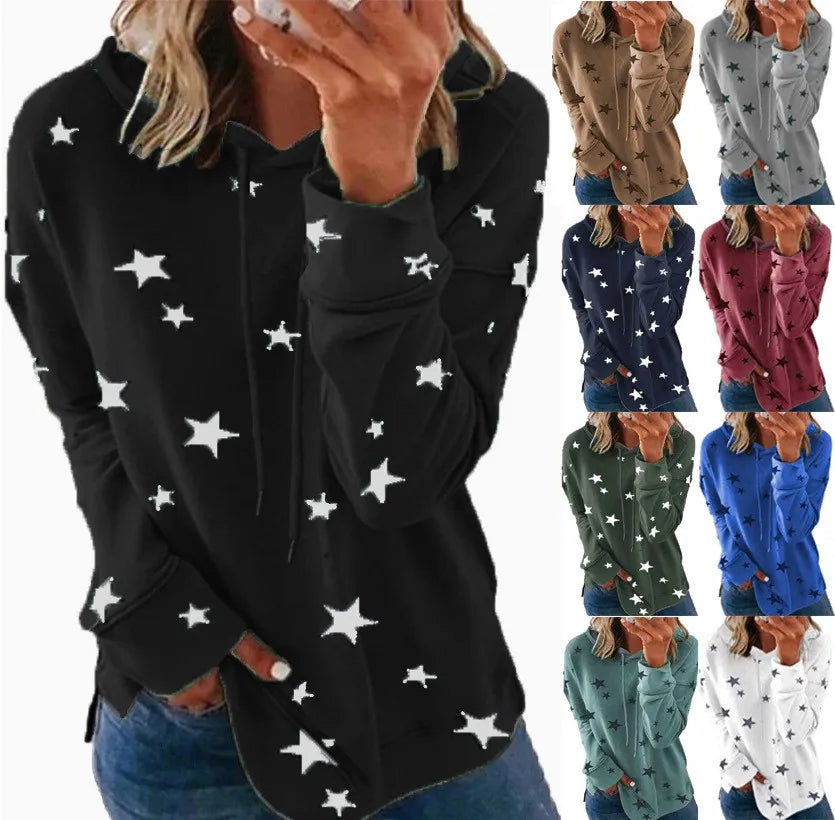 Ladies Star printed large size loose hoodie ladies fall winter