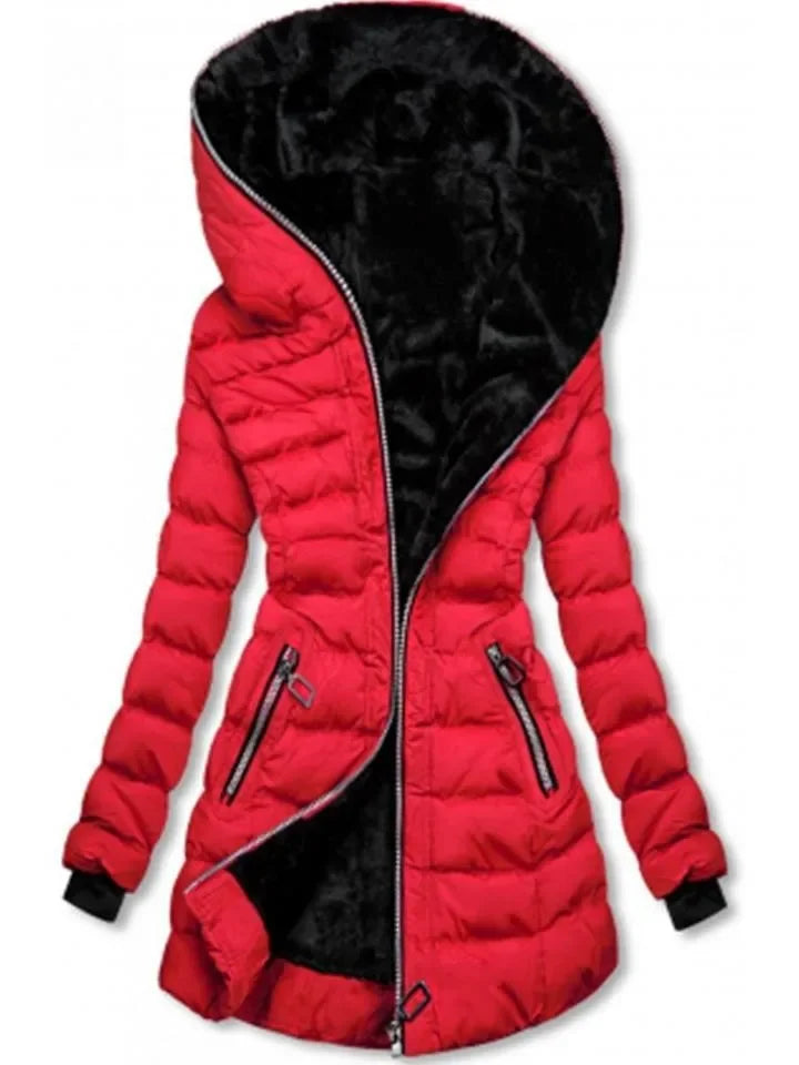 Women's Hooded Long Sleeve Cotton-padded Fleece-lined Winter Jacket Medium-length Zip-up Coat Warm Stylish