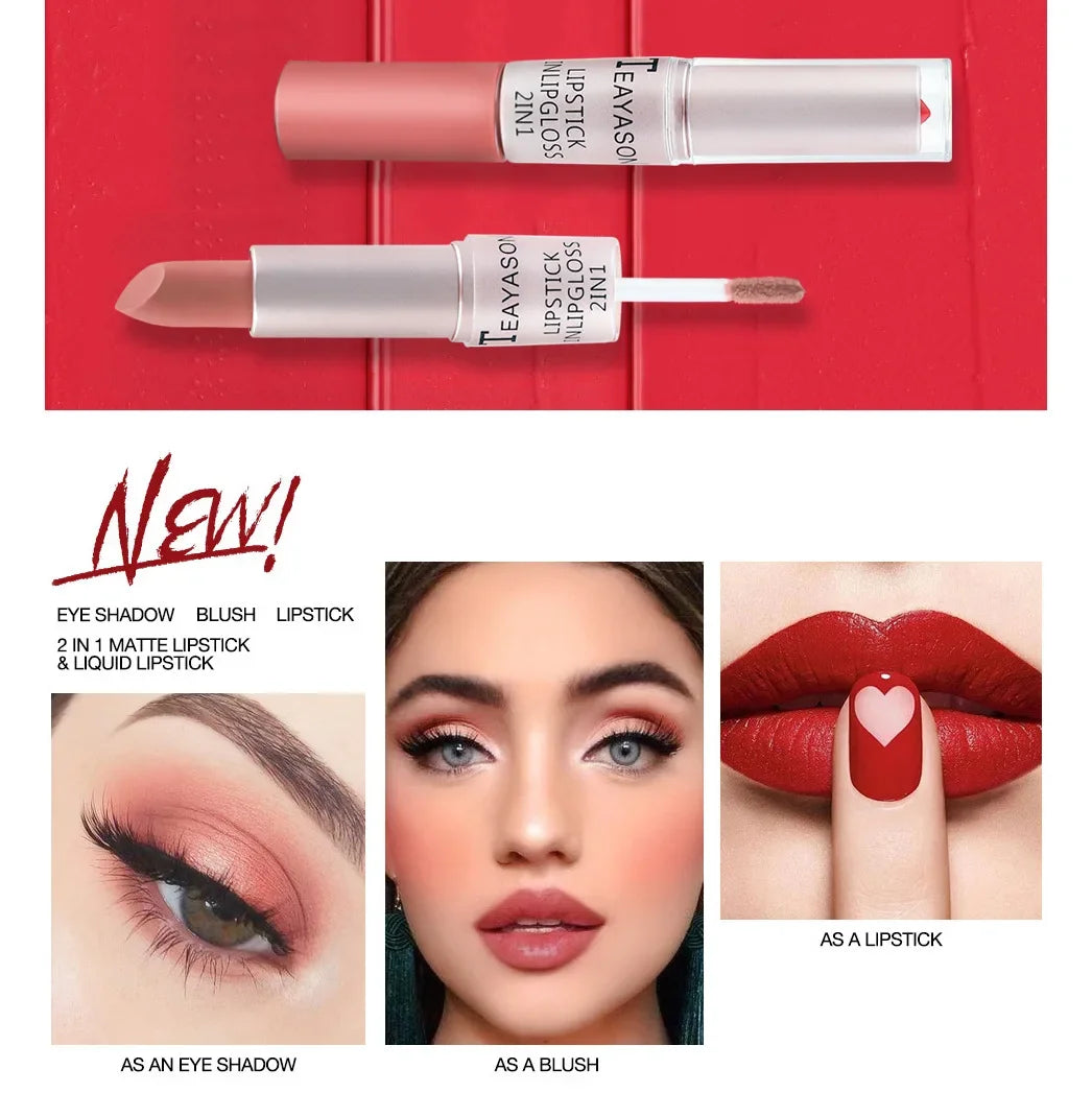 1PC Punk Lipstick Sexy Lip Gloss 2 In 1 Lip Tint Waterproof Long -Lasting Moisture Red Lip Matte Lipstick Make-Up For Women