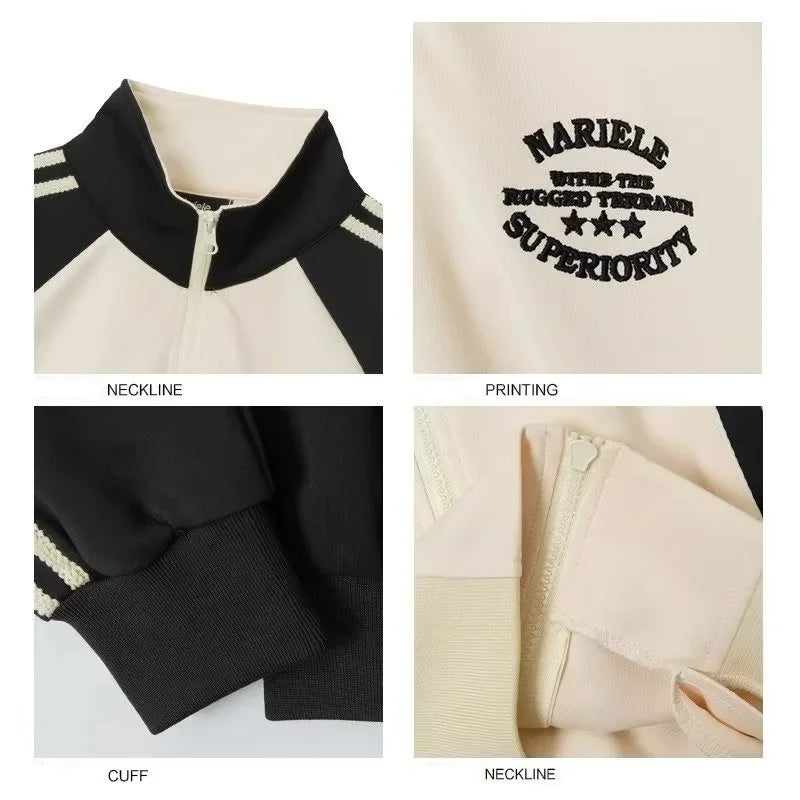 Double Zipper Cropped Jacket Women Y2k Harajuku Stripe Patchwork Sweatshirts Spring Retro Stand Collar Zipper College Coats New