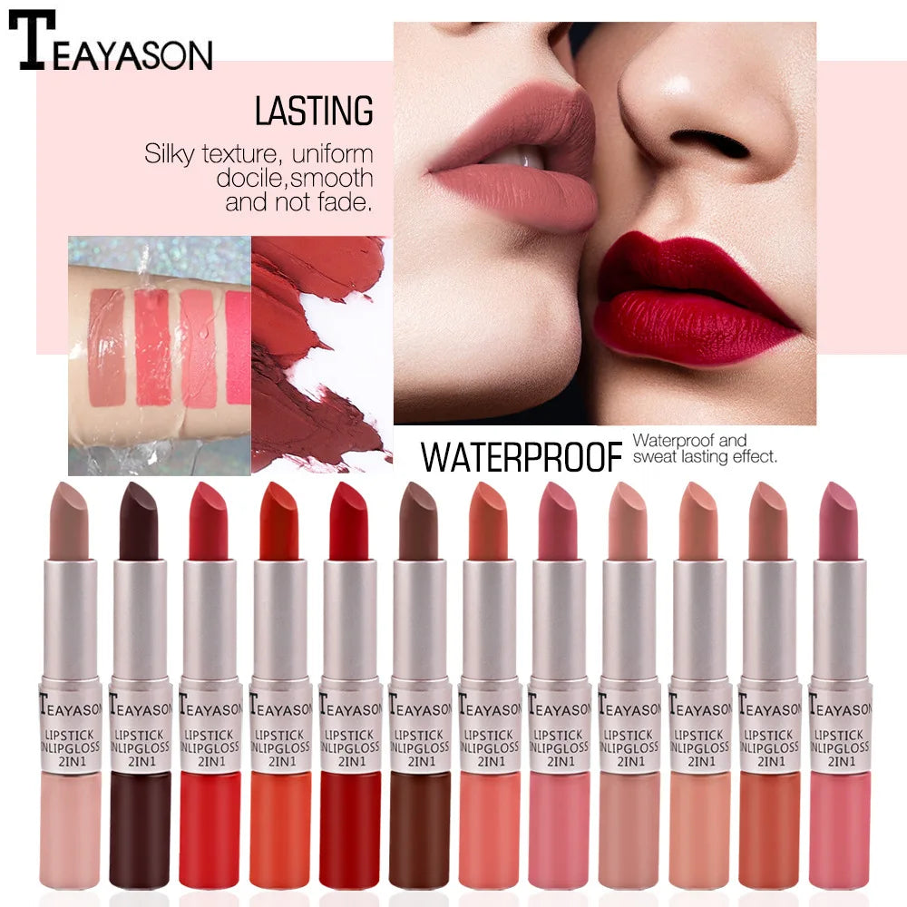 1PC Punk Lipstick Sexy Lip Gloss 2 In 1 Lip Tint Waterproof Long -Lasting Moisture Red Lip Matte Lipstick Make-Up For Women