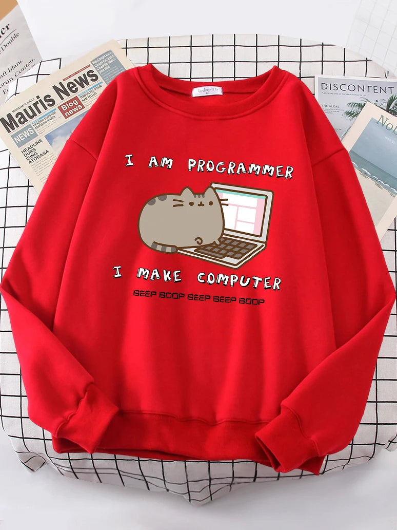 I Am Programmer I Make Computer Funny Cat Women Hoody Korean Fashion Sweatshirt Street Casual Clothes Hipster Loose Sportswear