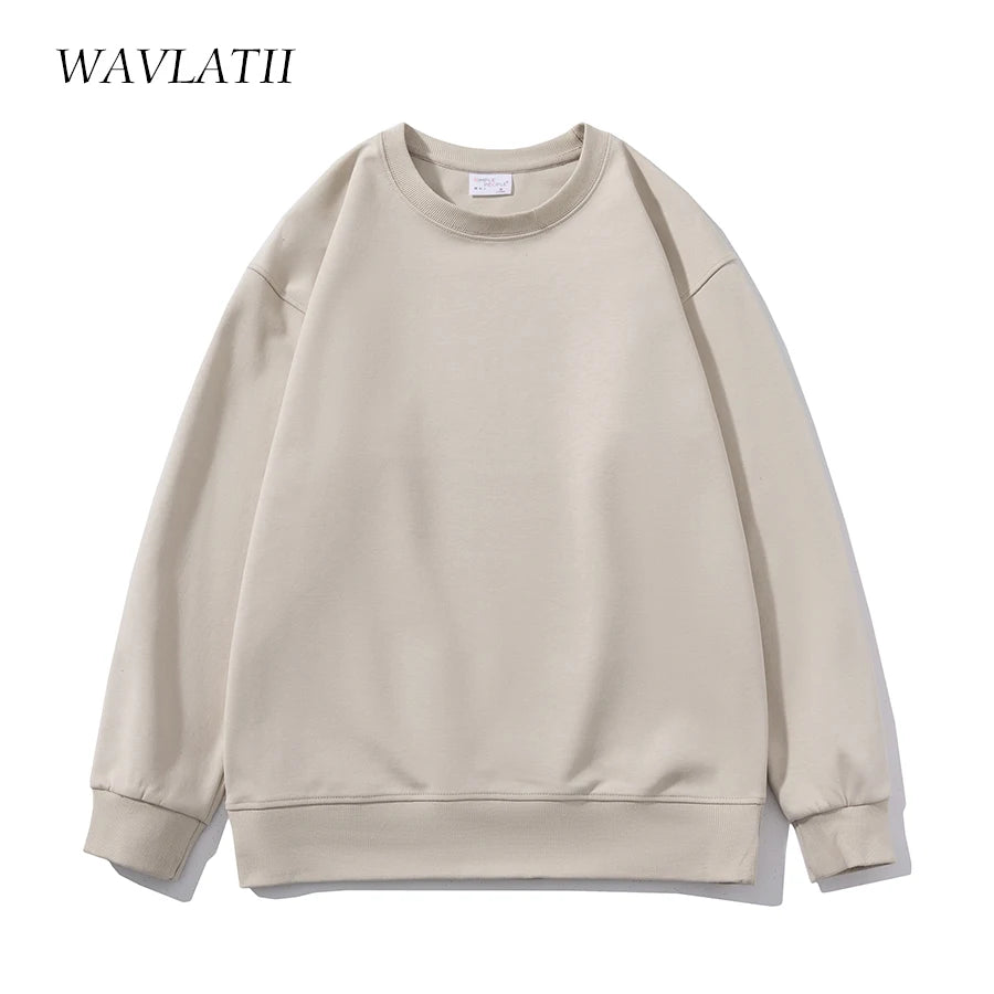 WAVLATII 2023 New Women Simple Style Khaki Sweatshirt Female Fashion Streetwear Soild O-neck Hoodie Casual White Tops for Autumn