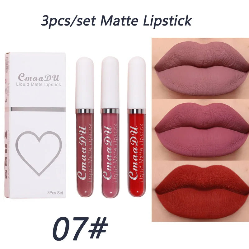 3-piece Liquid Matte Lipstick Set Sexy and Silky Red Lip Gloss Kit Waterproof and Non Stick Cup Lip Cosmetics Korean Make Up