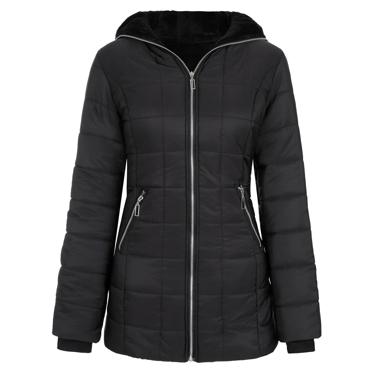 Women's Hooded Long Sleeve Cotton-padded Fleece-lined Winter Jacket Medium-length Zip-up Coat Warm Stylish