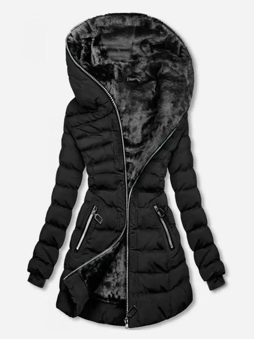 Women's Hooded Long Sleeve Cotton-padded Fleece-lined Winter Jacket Medium-length Zip-up Coat Warm Stylish