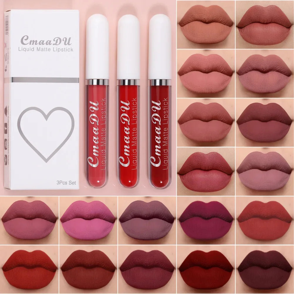 3-piece Liquid Matte Lipstick Set Sexy and Silky Red Lip Gloss Kit Waterproof and Non Stick Cup Lip Cosmetics Korean Make Up