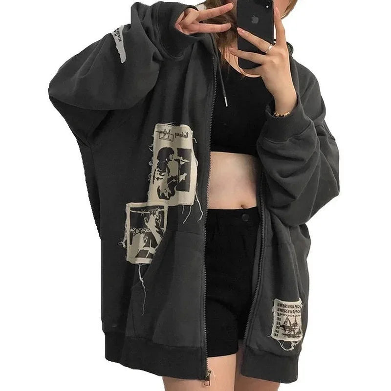 Zip Up Hoodie Grunge Aesthetic Clothes Oversized Sweatshirt with Zipper Vintage Y2k Tops Kawaii Coat Spring Autumn Streetwear