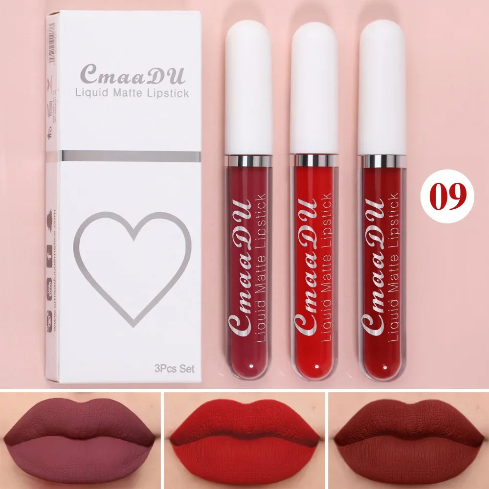 3-piece Liquid Matte Lipstick Set Sexy and Silky Red Lip Gloss Kit Waterproof and Non Stick Cup Lip Cosmetics Korean Make Up