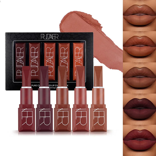 Pudaier 5Pcs/Box Velvet Matte Lipstick Kit Lips Makeup Nude Lip Stick Make Up Cosmetics Foggy Matt Tint Lip Balm Cream Pigment