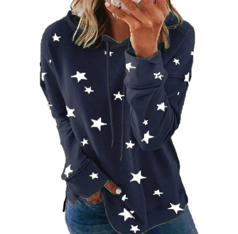 Ladies Star printed large size loose hoodie ladies fall winter