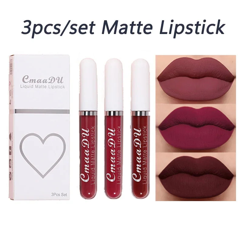 3-piece Liquid Matte Lipstick Set Sexy and Silky Red Lip Gloss Kit Waterproof and Non Stick Cup Lip Cosmetics Korean Make Up