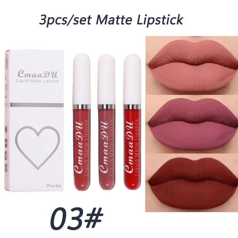 3-piece Liquid Matte Lipstick Set Sexy and Silky Red Lip Gloss Kit Waterproof and Non Stick Cup Lip Cosmetics Korean Make Up