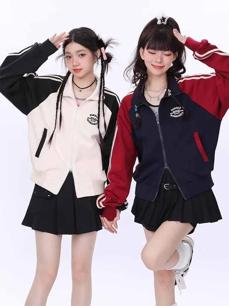 Double Zipper Cropped Jacket Women Y2k Harajuku Stripe Patchwork Sweatshirts Spring Retro Stand Collar Zipper College Coats New