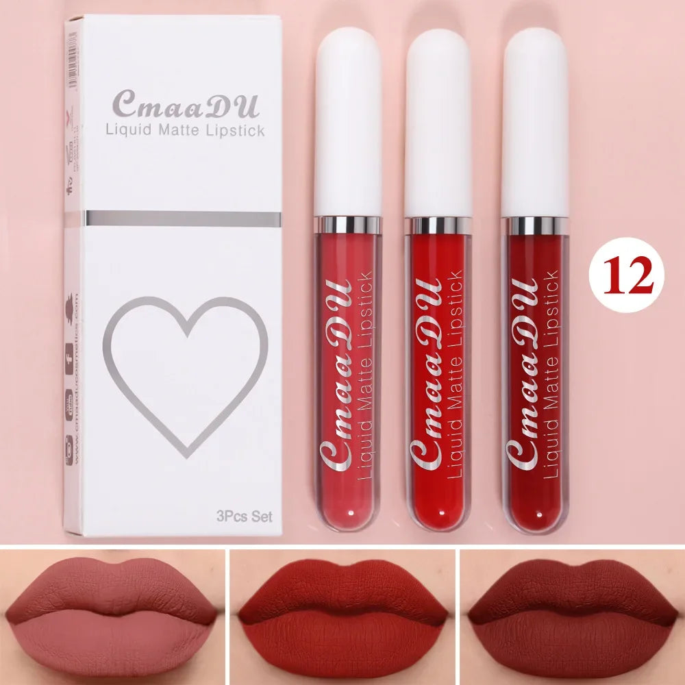 3-piece Liquid Matte Lipstick Set Sexy and Silky Red Lip Gloss Kit Waterproof and Non Stick Cup Lip Cosmetics Korean Make Up