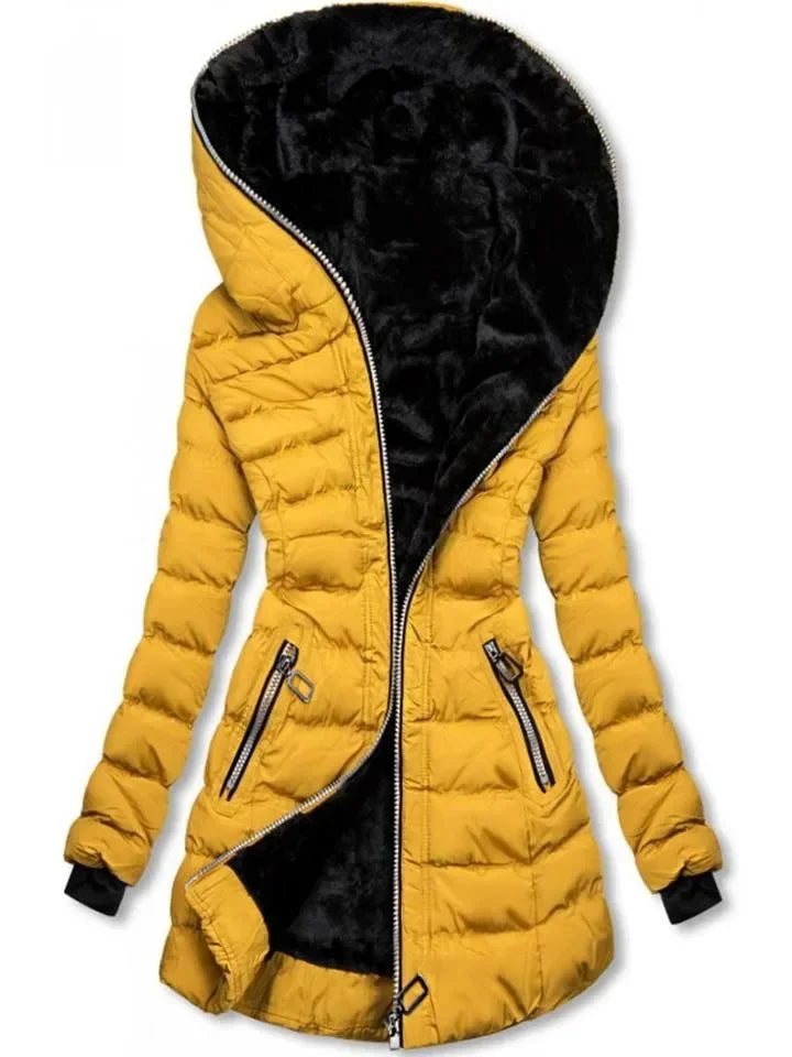 Women's Hooded Long Sleeve Cotton-padded Fleece-lined Winter Jacket Medium-length Zip-up Coat Warm Stylish