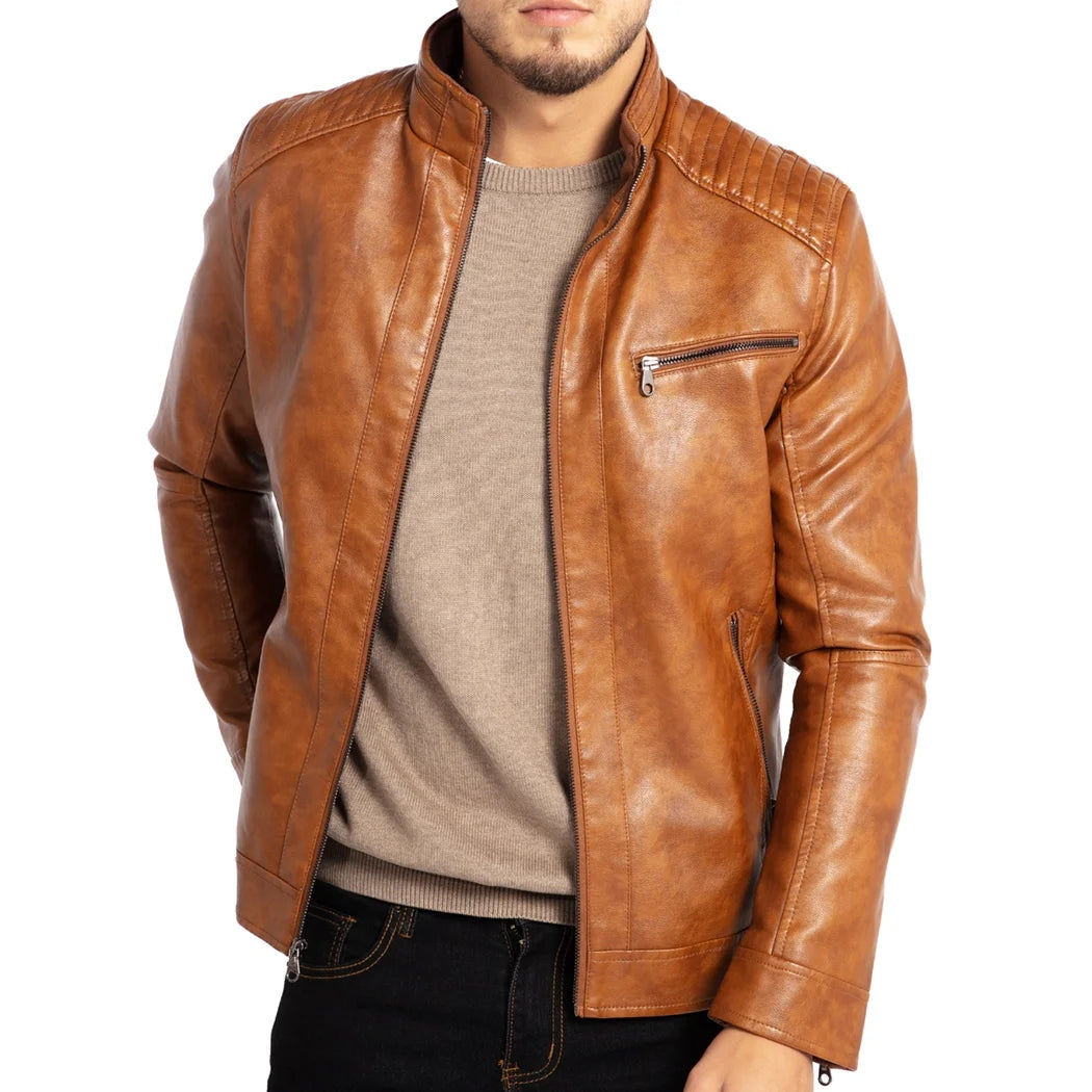 Men's Stand Collar Leather Jacket Motorcycle Faux Leather Jackets Outwear