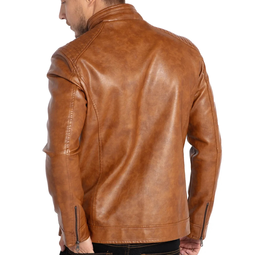 Men's Stand Collar Leather Jacket Motorcycle Faux Leather Jackets Outwear