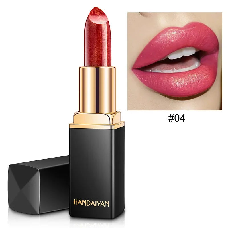 Handaiyan Waterproof Nude Glitter Lipstick Makeup Long Lasting Velve Red Sexy Shimmer Lip Stick Shiny Lipstick Makeup Cosmetics