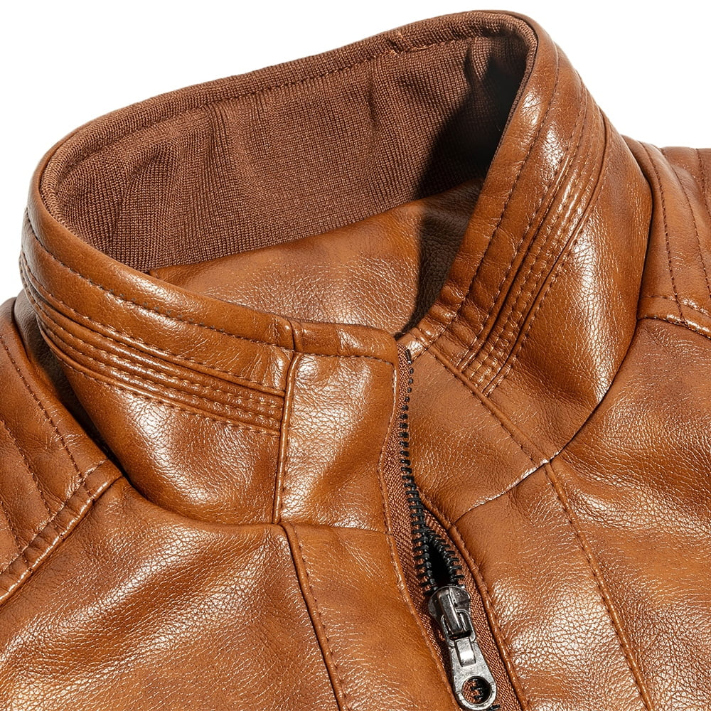 Men's Stand Collar Leather Jacket Motorcycle Faux Leather Jackets Outwear