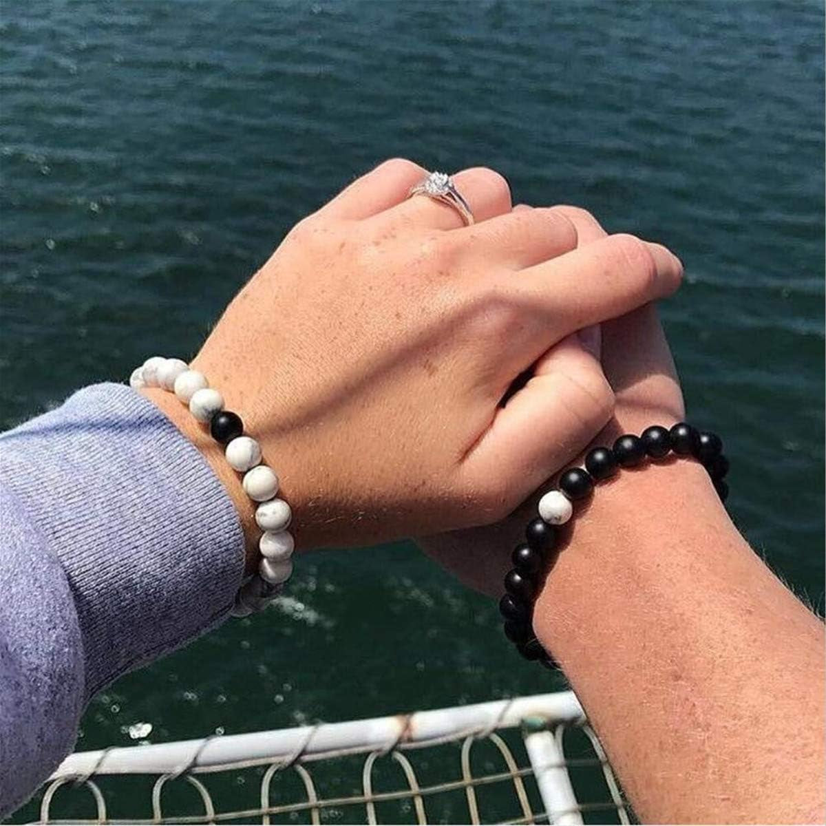 Long Distance Bracelets for Lovers Couples Matching Gift Matte Agate 8Mm Bead Stone (Elastic Red)