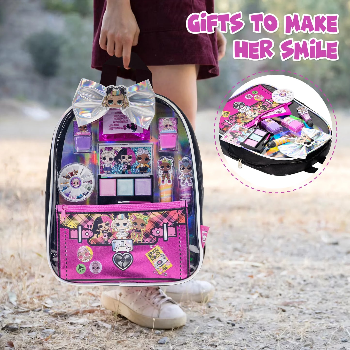 L.O.L Surprise!  Backpack Beauty Cosmetic Make-Up Set, Pretend Play Toy and Gift for Girls Ages 5+, 11 CT